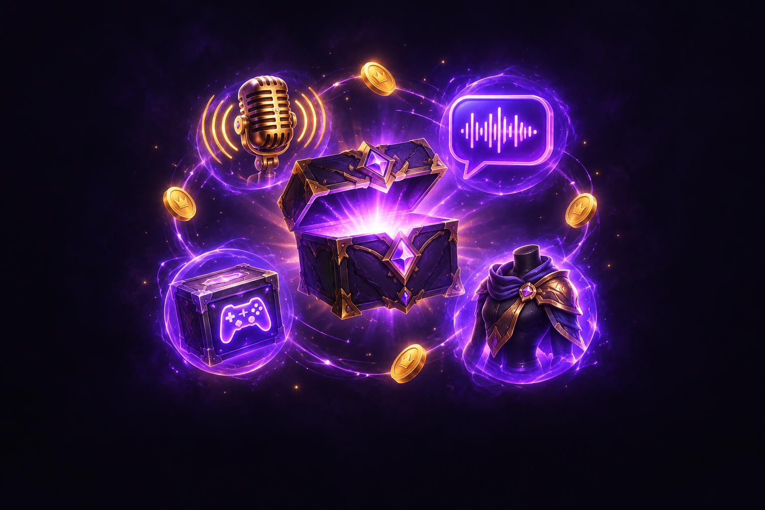 Órbita de recompensas: baú misterioso violeta com microfone, balão de fala, jogo e armadura orbitando